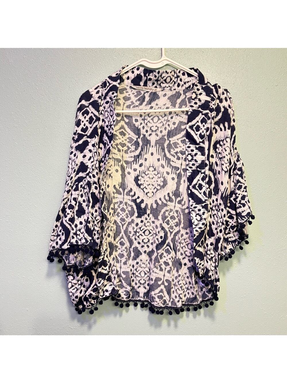 Hippie Laundry Abstract Boho Blue and White Kimono Tassel Size M